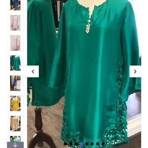 Emerald Green Satin Tunic Dress with Crochet Hem